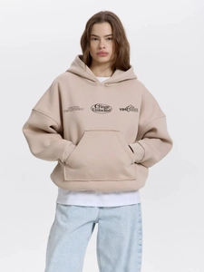 Oversized beige hooded sweatshirt with front graphic print and loose drop shoulders