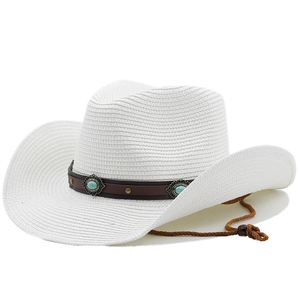 White straw cowboy sun hat with turquoise buckle and adjustable chin strap
