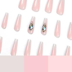 Pink French coffin press-on nails with white tips and luxury AB rhinestones decor
