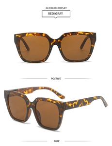 Detail view of tortoiseshell square sunglasses with dark brown lenses from front and side