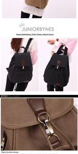 Detailed views of vintage canvas backpack with drawstring closure and metal buckle design