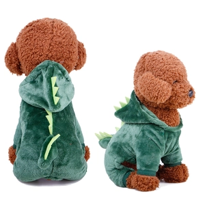 Cute dark green dinosaur dog costume in coral fleece with hood and 3D back fins