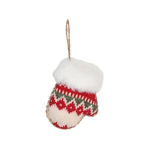 Christmas knitted glove ornament with red and green patterns and white faux fur trim