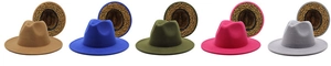 Detail of fedora hats in five colors featuring trendy leopard print underbrim design