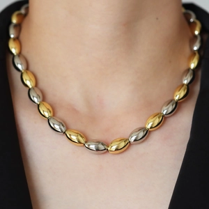18k gold plated copper two-tone olive bead necklace with sleek mixed-color metal finish