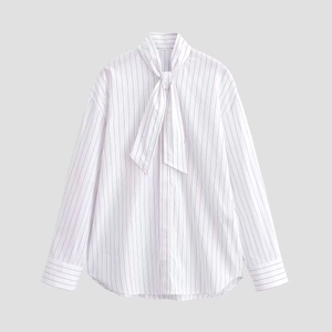 Women's pussy-bow striped poplin shirt with long sleeves in white and black