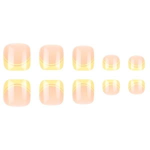Yellow French tip press-on toenails in soft pink base, minimalist summer style square shape