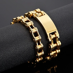 Golden stainless steel motorcycle chain bracelet for men with polished ID plate