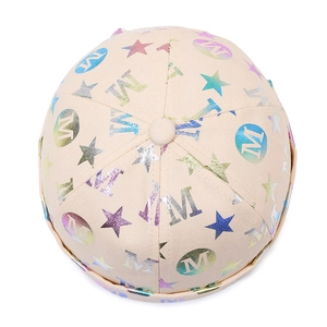 Beige docker cap with iridescent star and letter M print in durable cotton twill