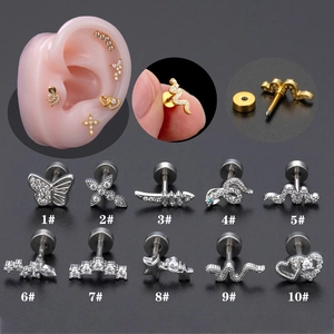 Piercings cartilage en acier chirurgical avec zircons papillon et coeur en doré et argent