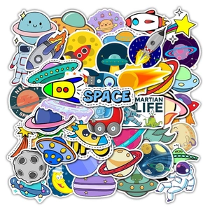 Colorful space-themed cartoon stickers featuring vibrant planets and martian motifs