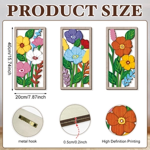 Set di 3 targhe in legno con fiori colorati per decorazione murale primaverile rustica