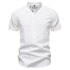Detailed view of white cotton linen fabric texture on men's stand collar short sleeve shirt
