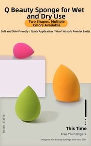 Detailed view of teardrop and slanted edge beauty sponges in pink, orange and green