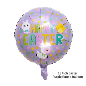 Close-up of 18 inch Easter purple round foil balloon with cartoon bunny and lamb motifs