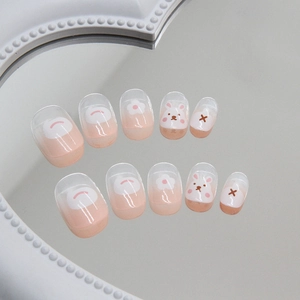Press On Nails Cute Rabbit Flower Pink Gradient Short Round Artificial False Nails Cartoon Sweet Style