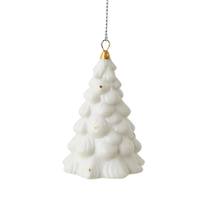 Elegant white ceramic Christmas tree ornament with golden dots and silver hanging cord