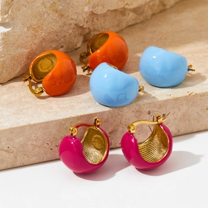 French Vintage Chunky C-Shaped Hoop Earrings For Women Stainless Steel Colorful Enamel Glaze Jewelry