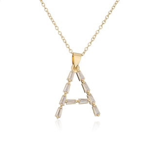 18K gold plated copper necklace with zircon paved letter A pendant on white background