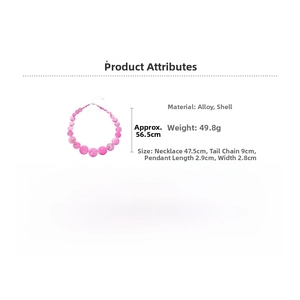Detail showing pink shell necklace dimensions including 47.5cm length and 9cm extender chain