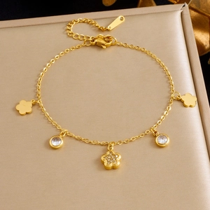 Stainless Steel Bracelet Gold Plated Flower Heart Pendant Zircon Adjustable Chain Korean Fashion Elegant Women Jewelry Gift