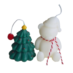 Miniature handmade Christmas tree and white bear candle set for holiday decorations