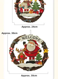 Detail showing 24cm and 30cm wicker Christmas wreaths with Santa and Snowman decor
