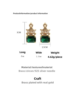 Detail showing dimensions of vintage emerald earrings with gold plating and zircon