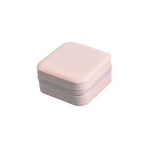 Pink portable jewelry organizer box with zipper closure and cross-grain texture finish