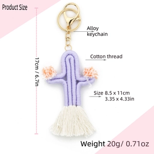 Handmade bohemian cactus keychain with cotton tassels and pom poms in a detailed size view