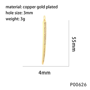 Golden plated copper feather pendant necklace accessory, size 55x4mm with 3mm hole