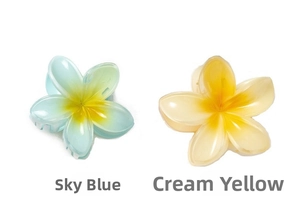 Detail of 8cm colorful frangipani hair claw clips in sky blue and creamy yellow gradients