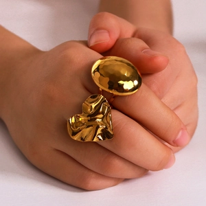 Vintage 18k gold plated stainless steel heart and oval rings with molten lava texture