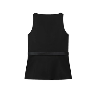 Women's chic black sleeveless blouse with matching waist belt on white background