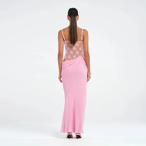 Detailed back view of pink lace sheer camisole dress with elegant floor-length satin skirt