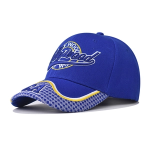 Close-up of Hollywood embroidery and woven checkered brim on navy baseball cap