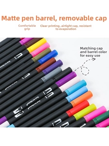 Close-up of dual-tip art markers featuring brush and fine tips with matte black barrels