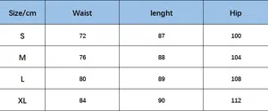 Size chart for women's denim skirt showing waist, length, and hip measurements in cm