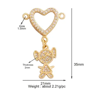 Detailed view of micro-paved zircon heart pendant with girl charm and size measurements