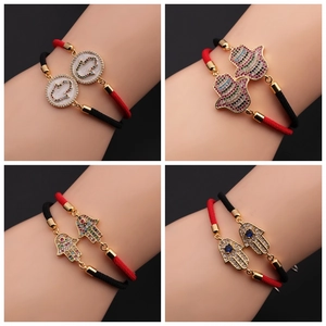 Hamsa Hand Evil Eye Bracelet Copper Zircon Micro Pave Bohemian Adjustable Braided Rope Jewelry For Women Protection