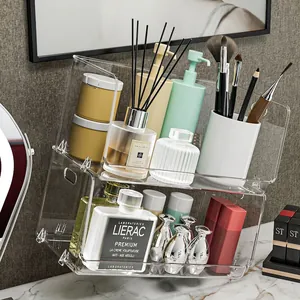 Double-layer clear acrylic makeup organizer with stackable buckle design for skincare