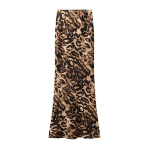 Elegant leopard print midi skirt with silky satin texture on a clean white background