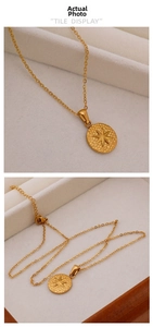 Detail showing 18K gold-plated star pendant necklace with hammered coin texture