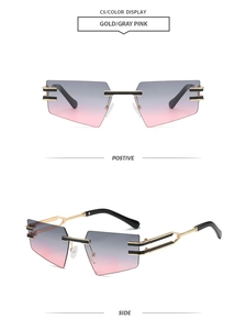 Front and side views of rimless geometric sunglasses with gold-black hollow metal temples