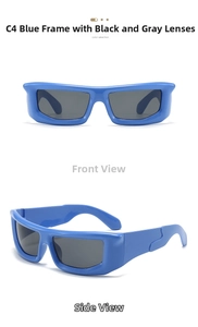 Detail view of C4 blue rectangle sunglasses with thick frames and dark lenses