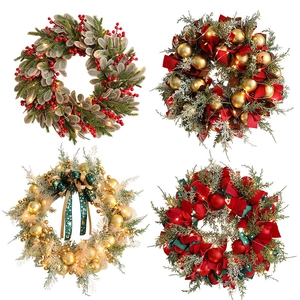 Christmas Wreath With Warm Lights Artificial Pine Needles Red Berries Gold Balls Ribbon For Front Door Wall Hanging Decor