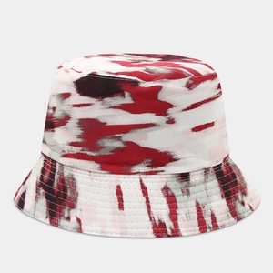 Detail of red and black graffiti tie-dye bucket hat with durable brim stitching