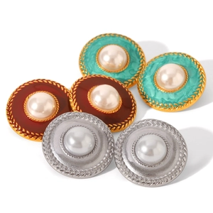 Retro 18K gold enamel button earrings with pearls in green, red, and silver styles