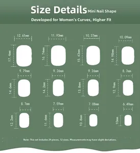 Detailed size chart for Christmas short press-on nails featuring 12 sizes and 24 pieces