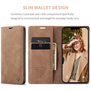 Brown leather flip wallet phone case with two card slots and a dedicated cash compartment